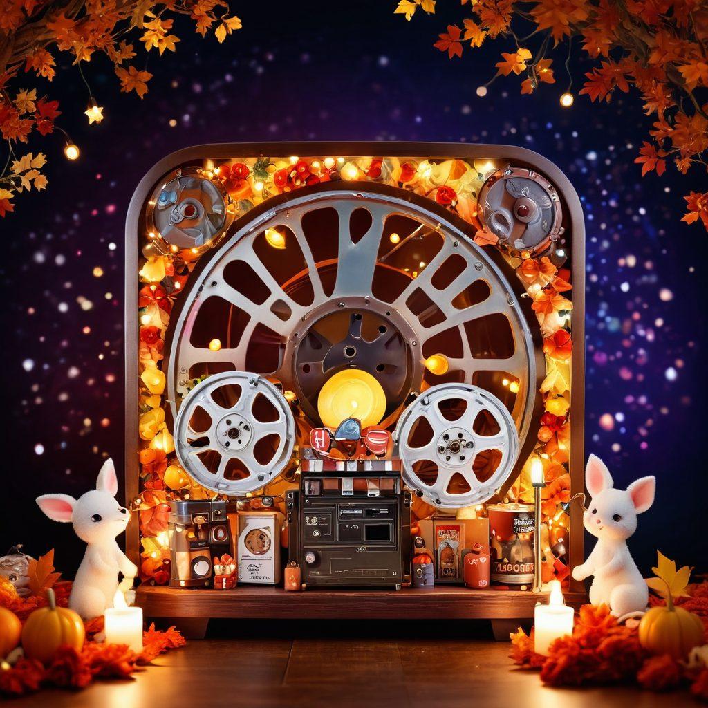 A whimsical scene depicting a colorful film reel overflowing with joyful characters and playful symbols of love and laughter. Surrounding the reel are vibrant autumn leaves and twinkling fairy lights that reflect a warm, cheerful atmosphere. The background features a dreamy cinema setting with plush velvet seats and a glowing screen showcasing animated scenes from joyful erotic storytelling. A hint of playful romance lingers in the air. vibrant colors. whimsical art. 3D.