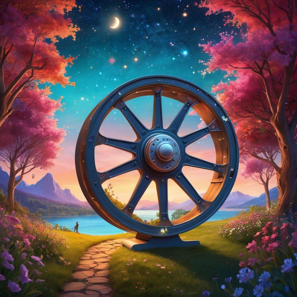 A whimsical scene depicting a vibrant film reel unfurling, transforming fantasy landscapes into fable-like illustrations, with soft, romantic characters engaging in playful storytelling. Include enchanting elements like glowing stars and vivid flora surrounding the reel while a whimsical storyteller spins tales under a moonlit sky. Lush colors, dreamlike background. vibrant colors. 3D.