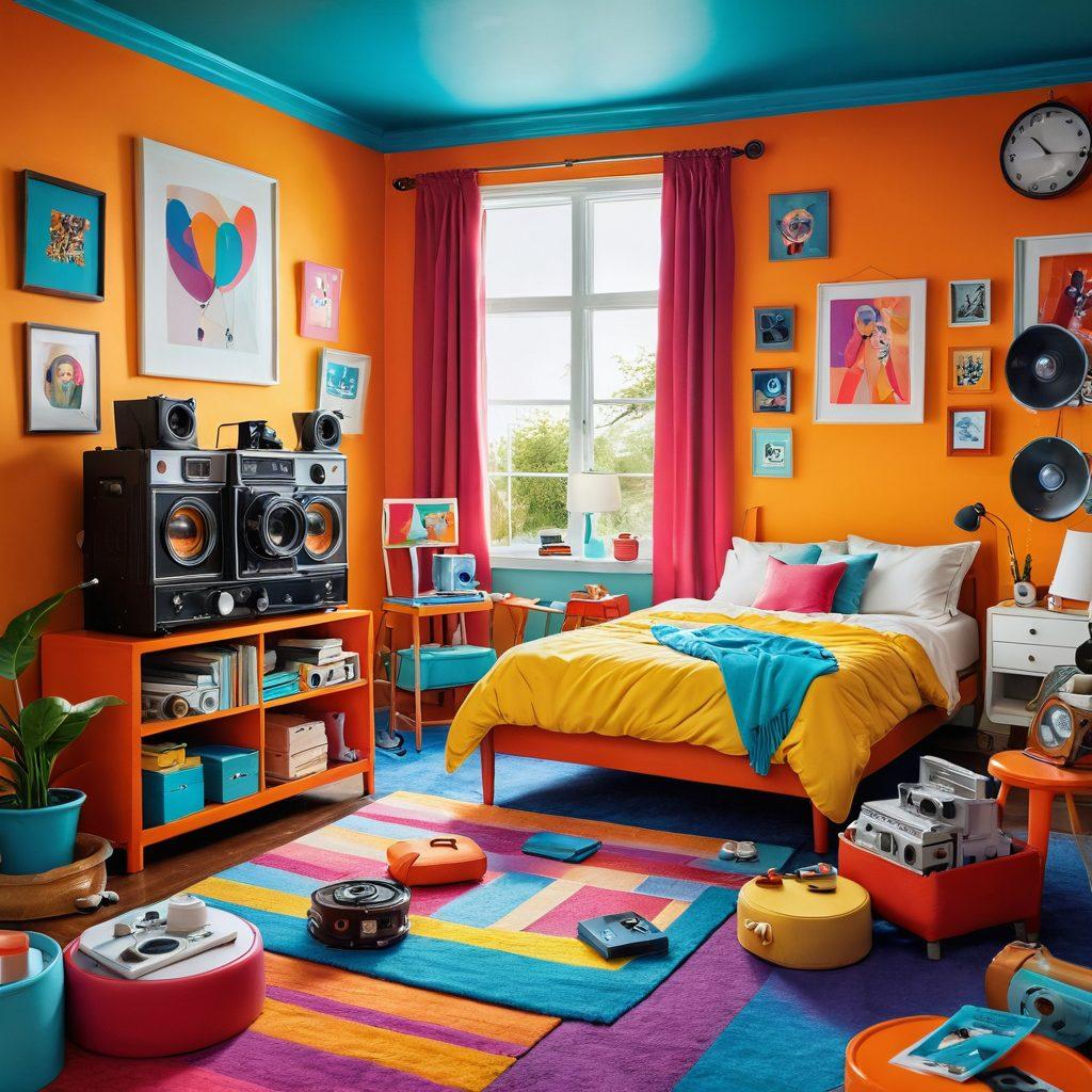 A vibrant and playful scene depicting a whimsical film set, featuring colorful props like oversized cameras and bright film reels. In the background, cheerful characters are engaged in creative activities around a cozy bedroom-themed set with playful accents. The atmosphere is light-hearted and inviting, illustrating the fun side of adult filmography with an artistic twist. vibrant colors. cartoonish style. dynamic composition.